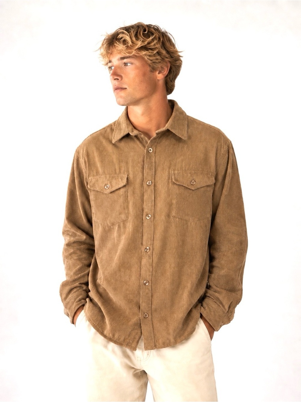 Men's Corduroy Button-Up Shirt in Tan